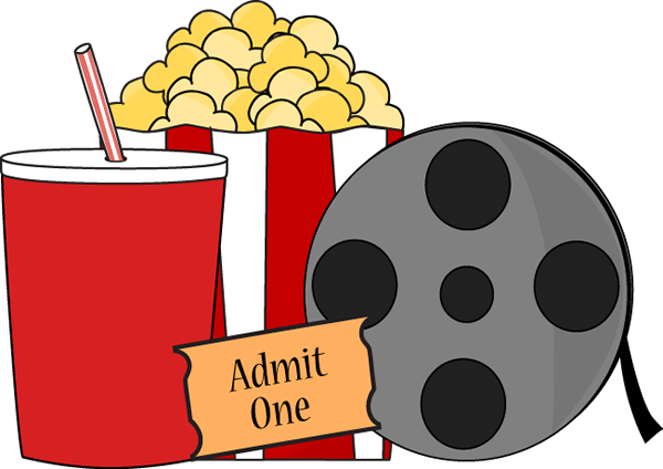 popcorn, film reel, soda and ticket