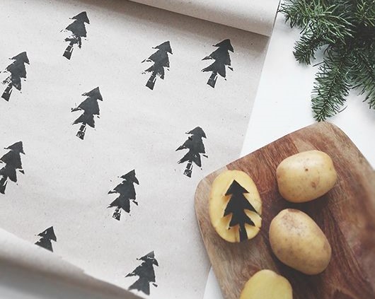 Gift wrap with potato prints and potato stamp