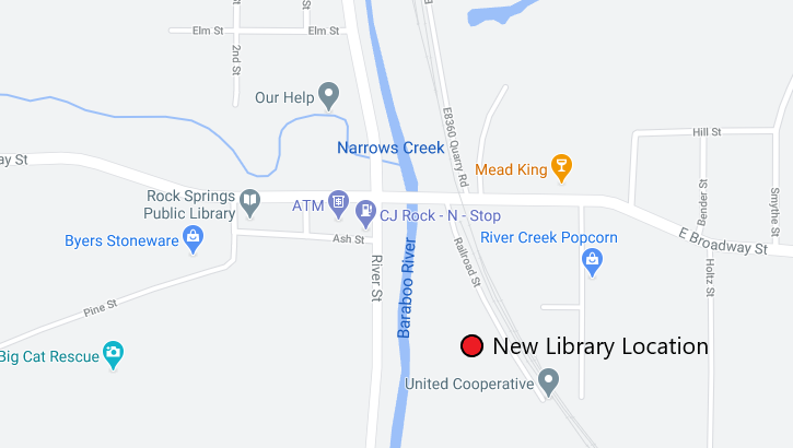map of location of new library on Railroad Street in Rock Springs, WI